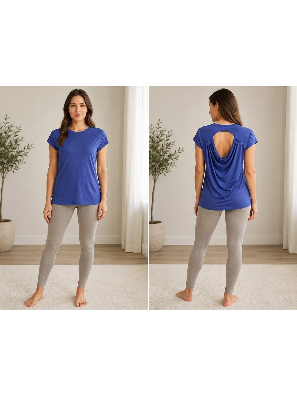 NWT Mono B Draped Back T-Shirt Womens M Blue Crew Neck Cap Sleeve Activewear